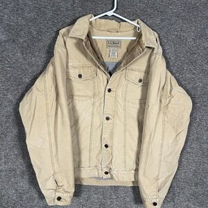 LL Bean Jacket Mens Large Tall Khaki Canvas Lined Corduroy Collar‎ Chore Barn